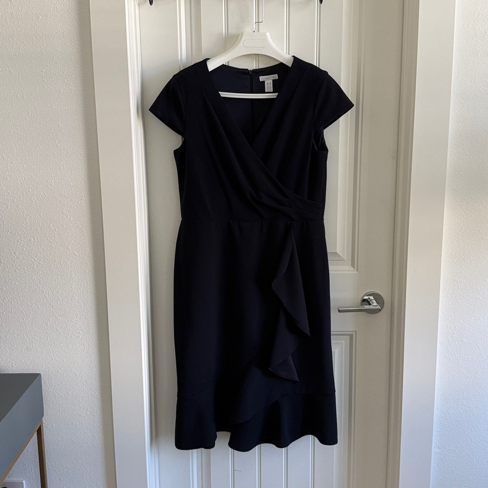 Dark Blue Cap Sleeve Surplus V-Neck Dress with Ruffle Faux Wrap Skirt